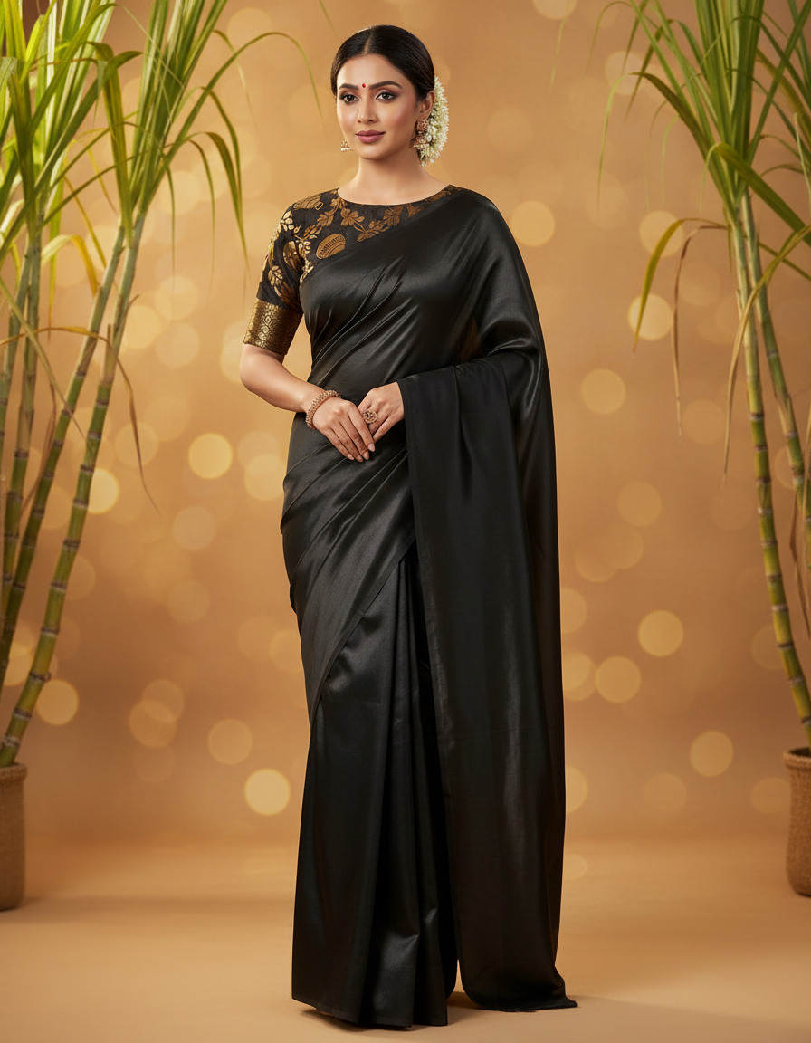 Woman in a black saree with gold blouse against a warm-toned background