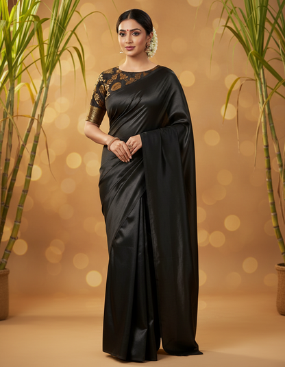 Woman in a black saree with gold blouse against a warm-toned background