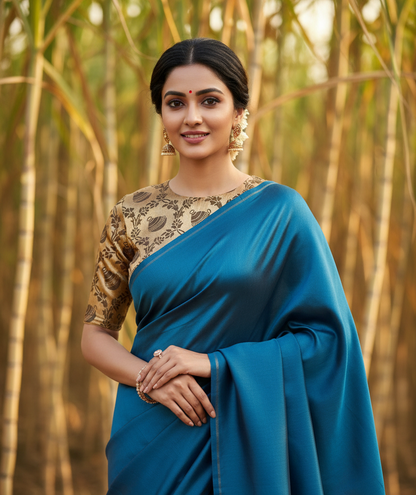 Woman in a blue saree standing in a bamboo forest