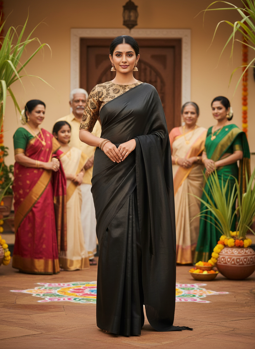 Black Plain Saree – Shiny Saree | Rafia Fashions