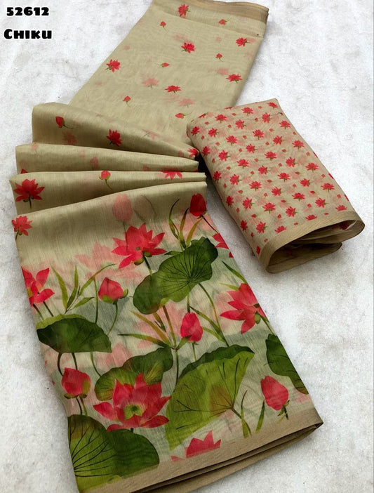 Soft Chanderi floral digital print saree with zari patti border in Chiku