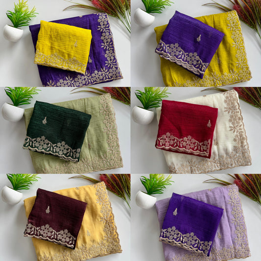 Soft Crunchy Silk Saree with Heavy Embroidery Work and Running Blouse - 6colors