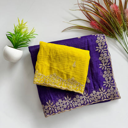 Soft Crunchy Silk Saree with Heavy Embroidery Work and Running Blouse - blue-yellow