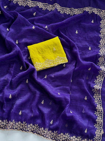 Soft Crunchy Silk Saree with Heavy Embroidery Work and Running Blouse - blue-yellow