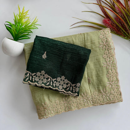 Soft Crunchy Silk Saree with Heavy Embroidery Work and Running Blouse - creamy-green