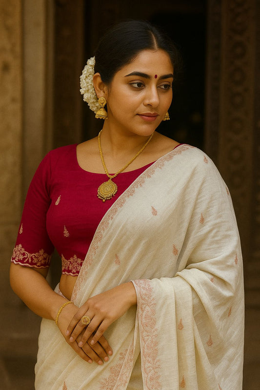 Soft Crunchy Silk Saree with Heavy Embroidery Work and Running Blouse - white-Red