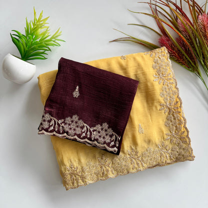 Soft Crunchy Silk Saree with Heavy Embroidery Work and Running Blouse - sandle-maroon