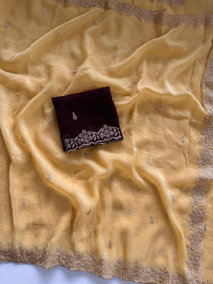 Soft Crunchy Silk Saree with Heavy Embroidery Work and Running Blouse - sandle-marun