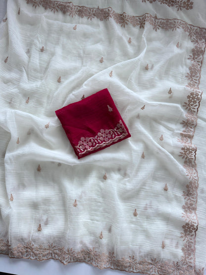 Soft Crunchy Silk Saree with Heavy Embroidery Work and Running Blouse - white-red
