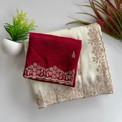 Soft Crunchy Silk Saree with Heavy Embroidery Work and Running Blouse - white-red