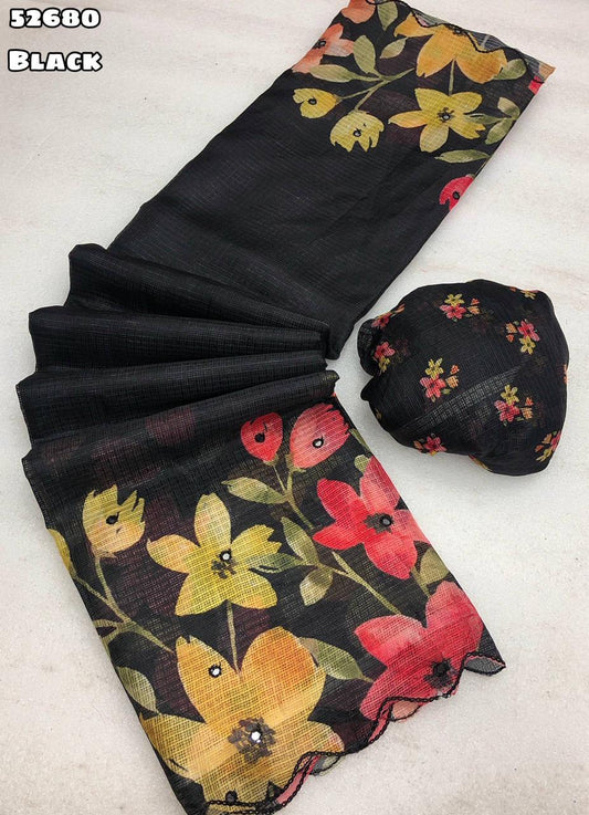 Black Soft Kota Chex Saree with Floral Digital Print and Embroidery Foil Mirror Border – Rafia Fashions