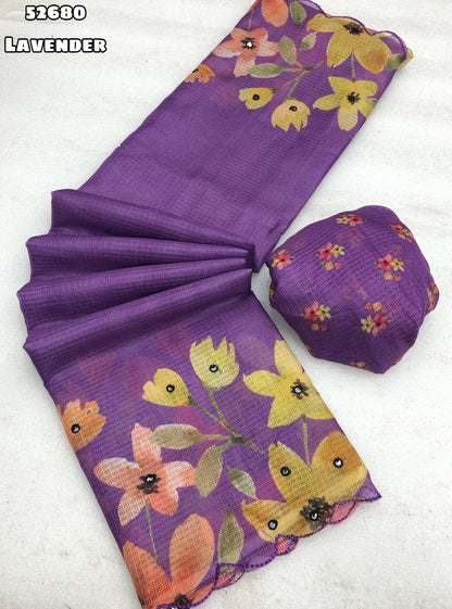 Lavender Soft Kota Chex Saree with Floral Digital Print and Embroidery Foil Mirror Border – Rafia Fashions