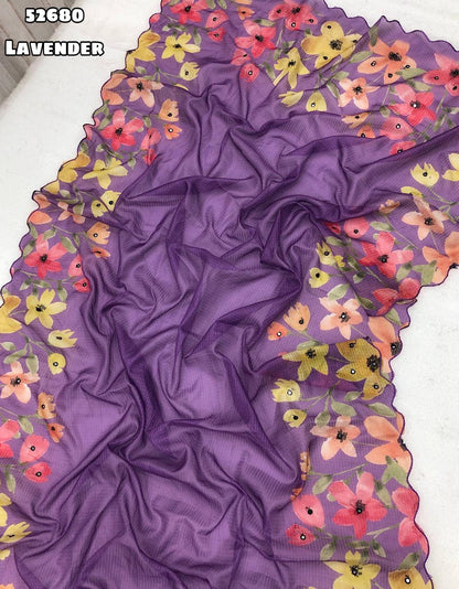 Lavender-Soft Kota Chex Saree with Floral Digital Print and Embroidery Foil Mirror Border – Rafia Fashions