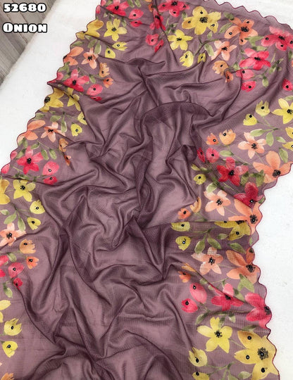 Onion Soft Kota Chex Saree with Floral Digital Print and Embroidery Foil Mirror Border – Rafia Fashions