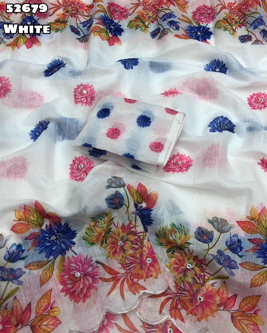 Soft linen floral digital print saree with embroidery and foil mirror work, printed blouse – Catalogue Code 52679