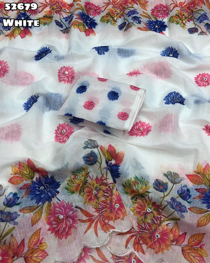 Soft linen floral digital print saree with embroidery and foil mirror work, printed blouse – Catalogue Code 52679