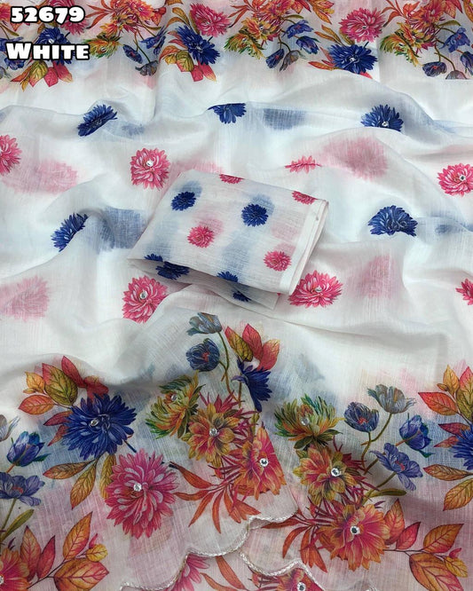 Soft linen floral digital print saree with embroidery and foil mirror work, printed blouse – Catalogue Code 52679