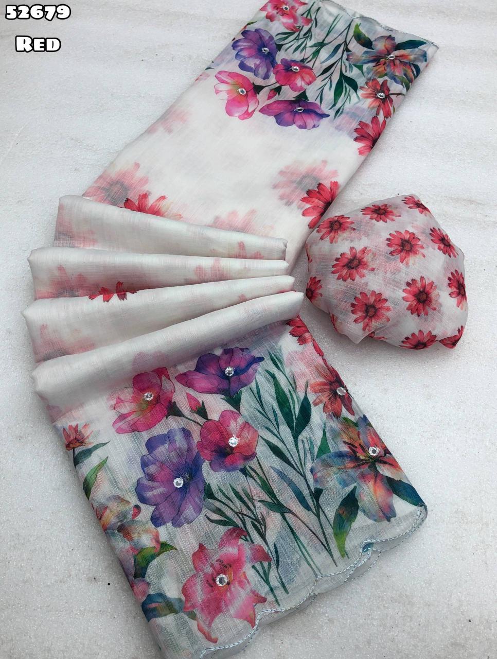 Soft linen floral digital print saree with embroidery and foil mirror work, printed blouse – Catalogue Code 52679