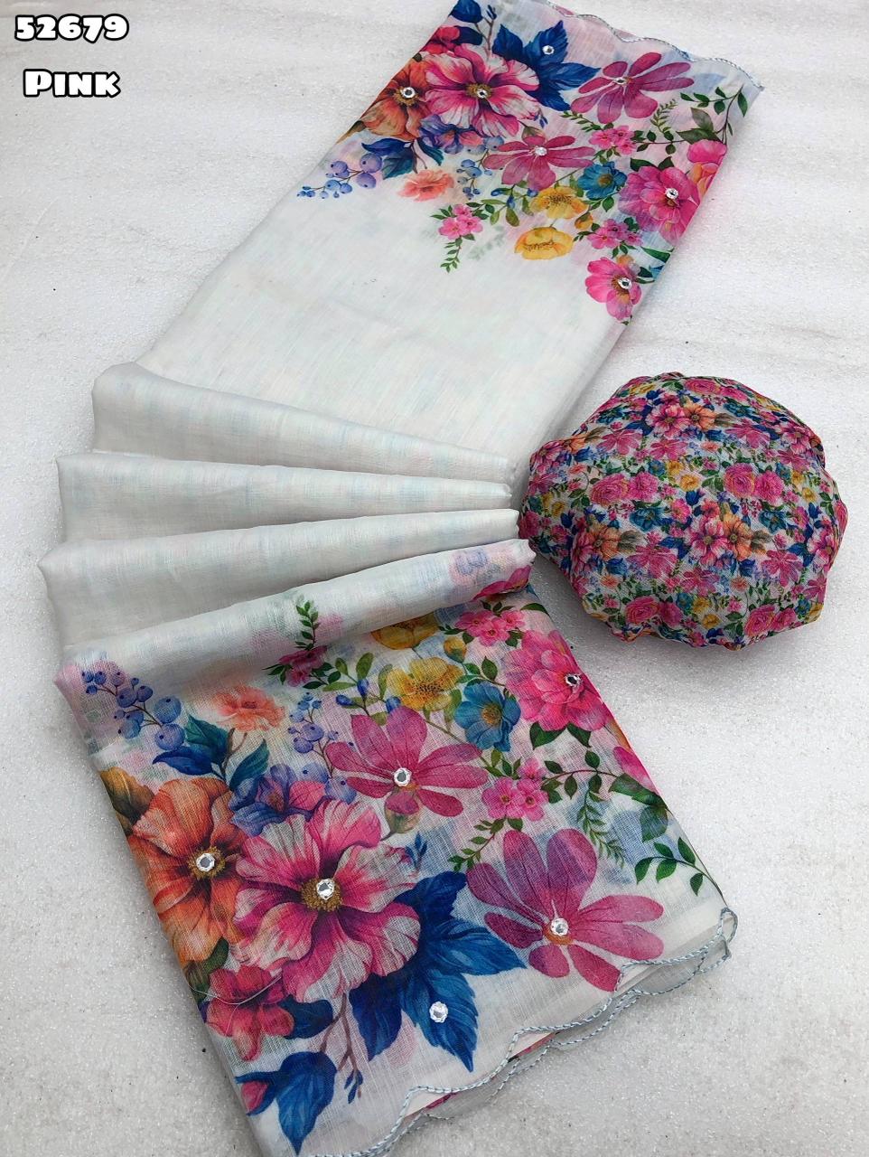 soft-linen-floral-digital-print-saree-embroidery-mirror-work-rafiafashions