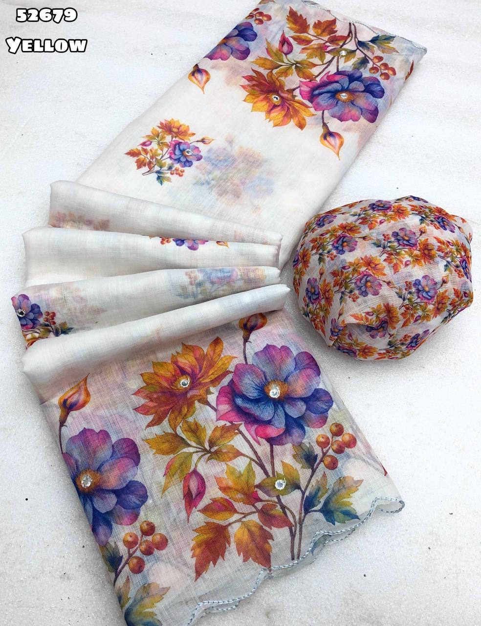 Soft linen floral digital print saree with embroidery and foil mirror work, printed blouse – Catalogue Code 52679