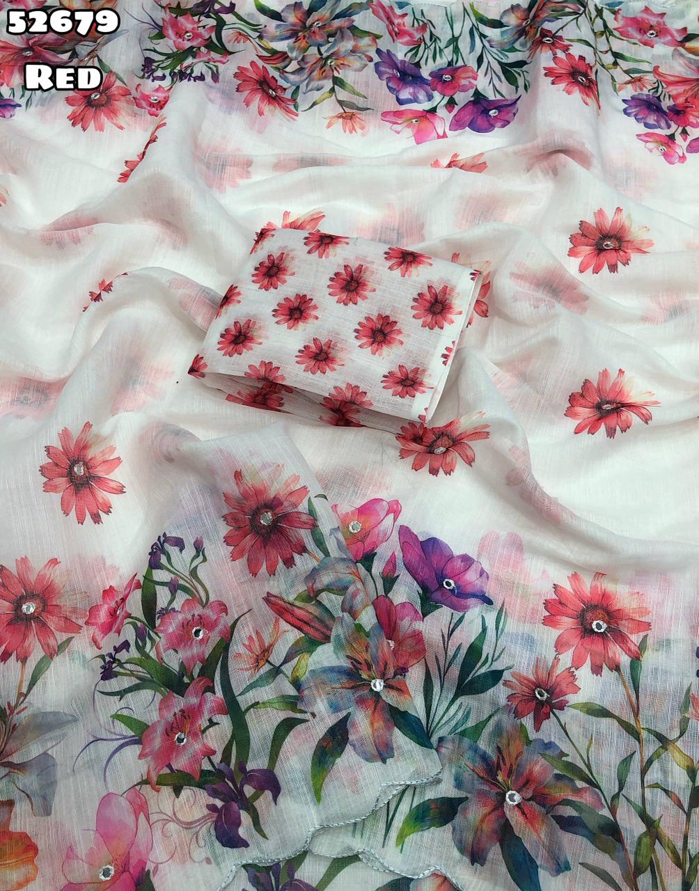 Soft linen floral digital print saree with embroidery and foil mirror work, printed blouse – Catalogue Code 52679
