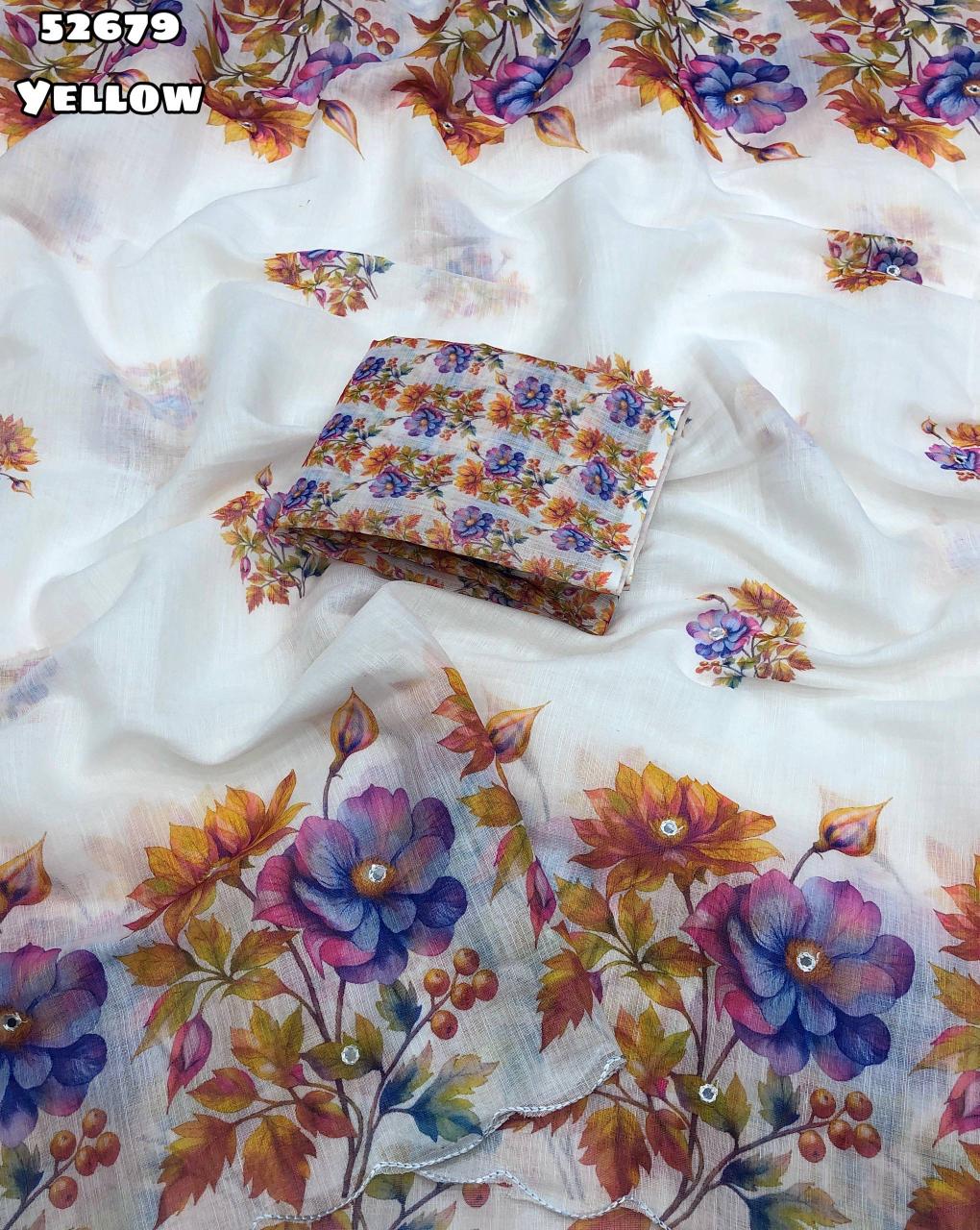 Soft linen floral digital print saree with embroidery and foil mirror work, printed blouse – Catalogue Code 52679
