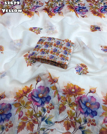 Soft linen floral digital print saree with embroidery and foil mirror work, printed blouse – Catalogue Code 52679