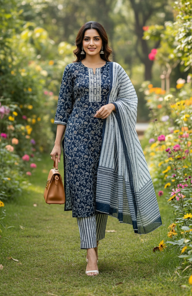 black and white straight cut cotton kurta pant dupatta 3pc set with floral print, round neck, 3/4 sleeves, readymade stitched for women