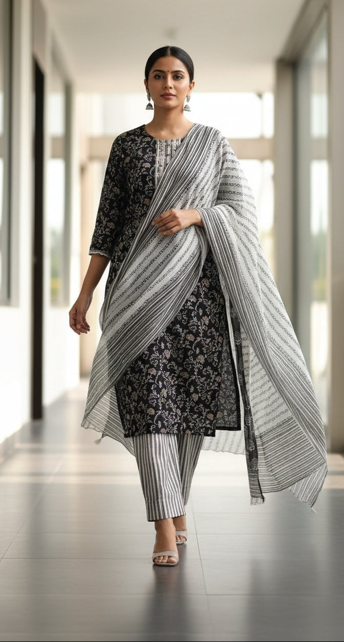 straight cut cotton kurta pant dupatta 3pc set with floral print, round neck, 3/4 sleeves, black and white readymade stitched for women