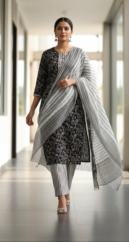 straight cut cotton kurta pant dupatta 3pc set with floral print, round neck, 3/4 sleeves, black and white readymade stitched for women