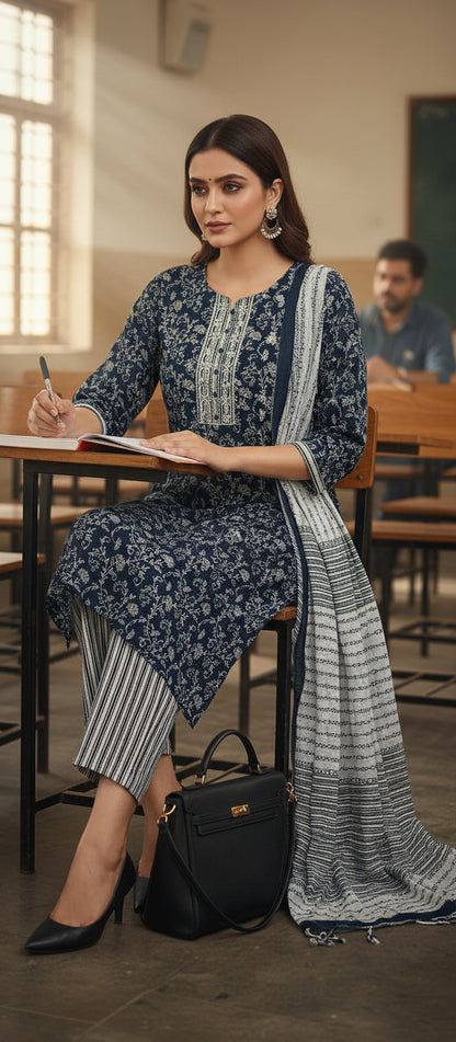 straight cut cotton kurta pant dupatta 3pc set with floral print, round neck, 3/4 sleeves, readymade stitched for women-black and white