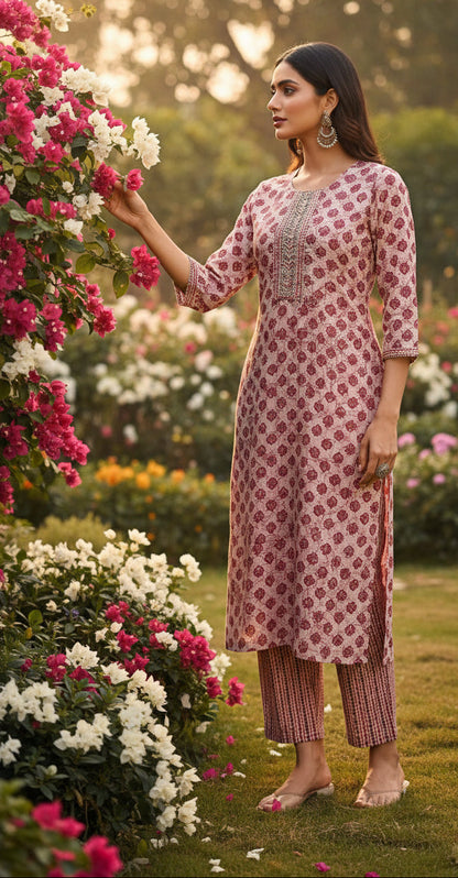 Dusty maroon straight cut cotton kurta pant dupatta 3pc set with floral print, round neck, 3/4 sleeves, readymade stitched for women