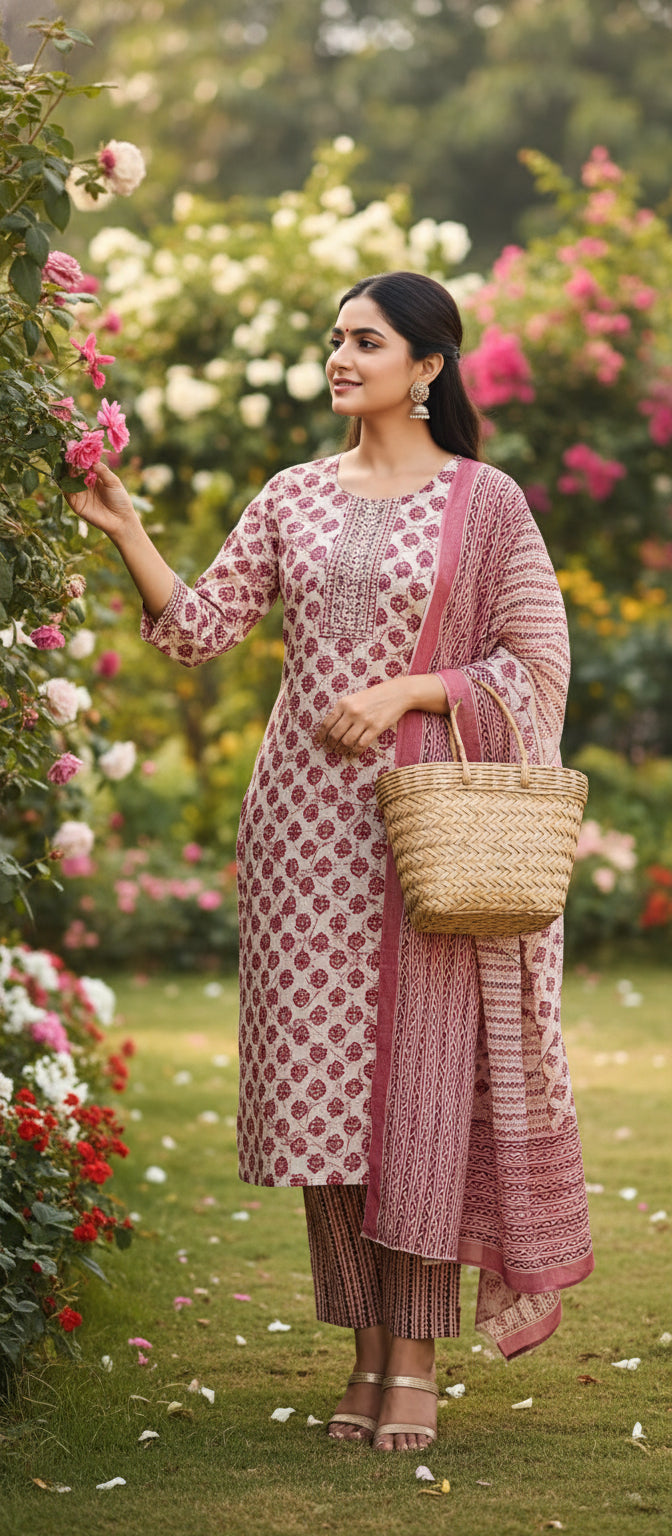 Woman in a traditional outfit standing in a garden with flowers and greenery.