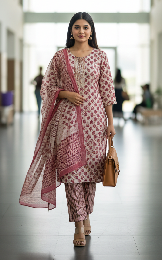 Dusty maroon straight cut cotton kurta pant dupatta 3pc set with floral print, round neck, 3/4 sleeves, readymade stitched for women