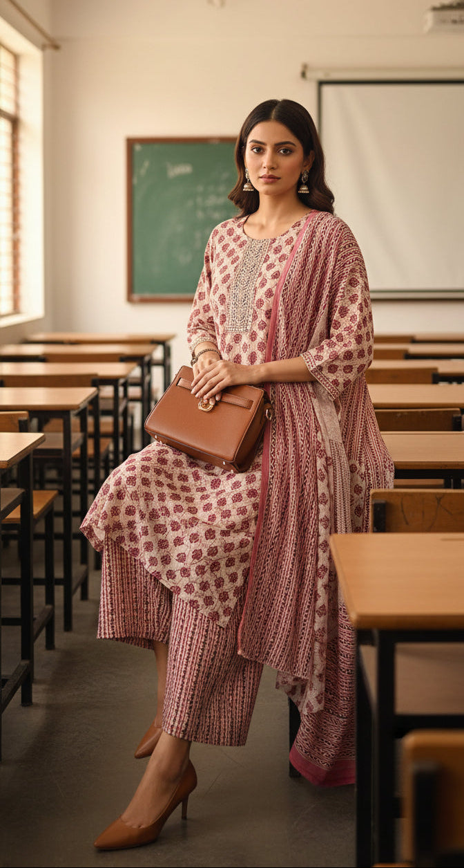 Dusty maroon straight cut cotton kurta pant dupatta 3pc set with floral print, round neck, 3/4 sleeves, readymade stitched for women-cotton dress