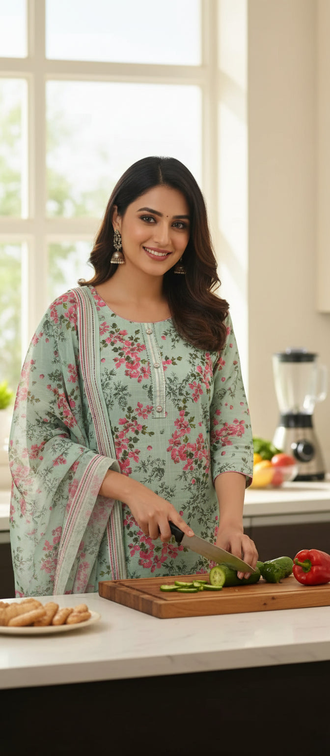 Woman in a floral dress cutting vegetables in a kitchen