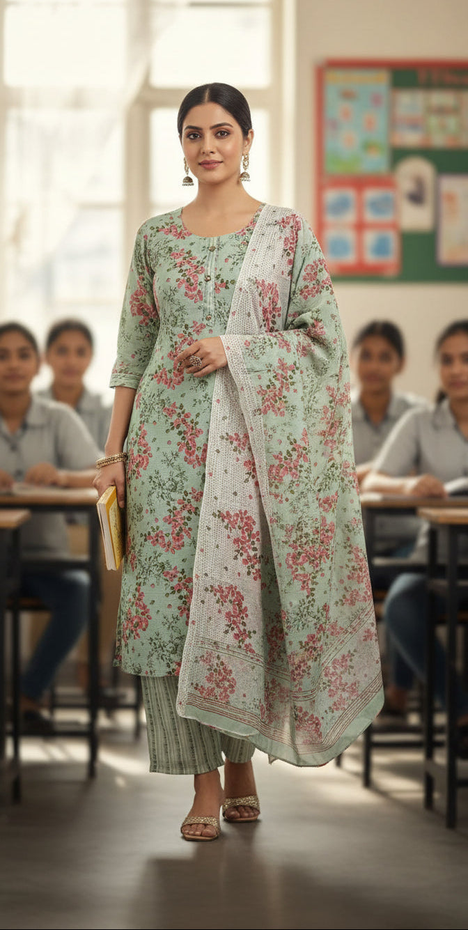 Woman in a floral outfit standing in a classroom with students.