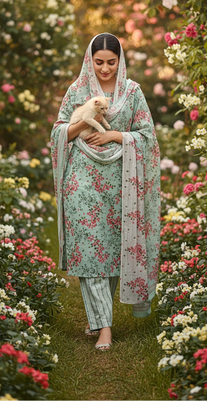 Woman in a floral dress holding a white dog in a garden with flowers