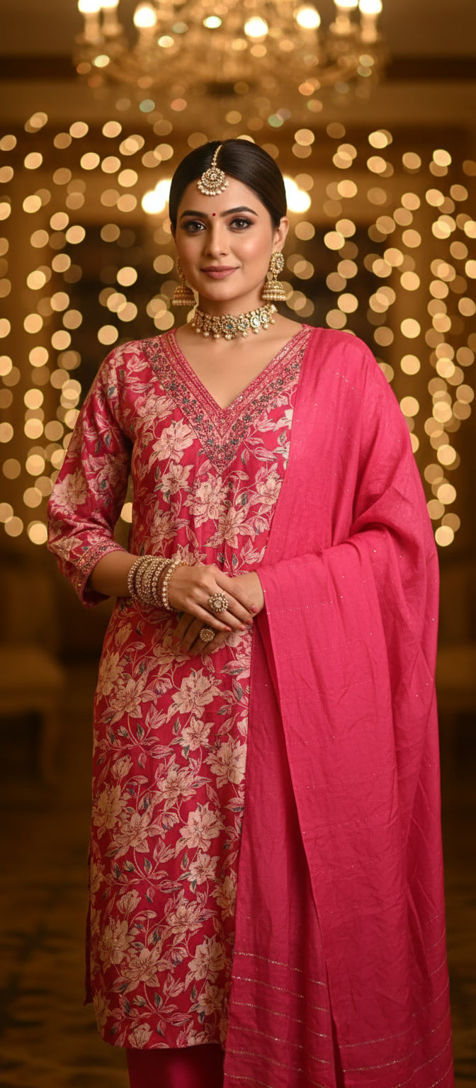 Dark pink straight-cut kurta pant dupatta set for women – floral print rayon cotton kurti with soft cotton dupatta