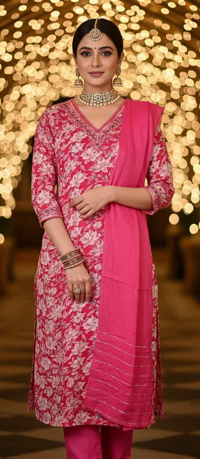 Dark pink straight-cut kurta pant dupatta set for women – floral print rayon cotton kurti with soft cotton dupatta-3pc