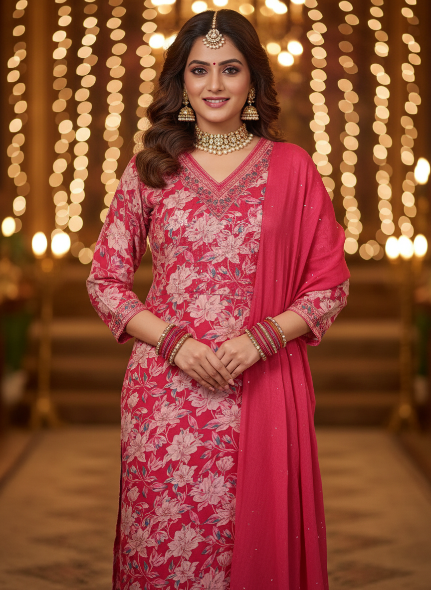 3pc-Dark pink straight-cut kurta pant dupatta set for wrti with soft cotton dupattaomen – floral print rayon cotton ku