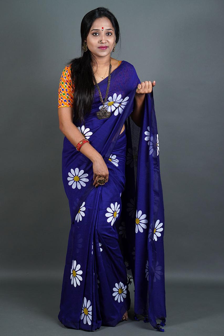 Pure Khadi Cotton Saree with Sunflower Print and Running Blouse Piece – Elegant Handloom Look-blue-royal