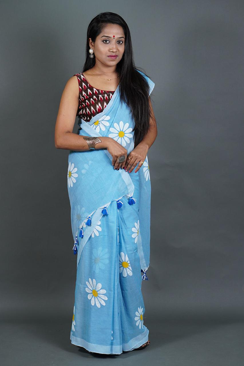 Pure Khadi Cotton Saree with Sunflower Print and Running Blouse Piece – Elegant Handloom Look-blue-sky