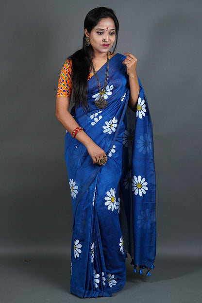 Pure Khadi Cotton Saree with Sunflower Print and Running Blouse Piece – Elegant Handloom Look-blue