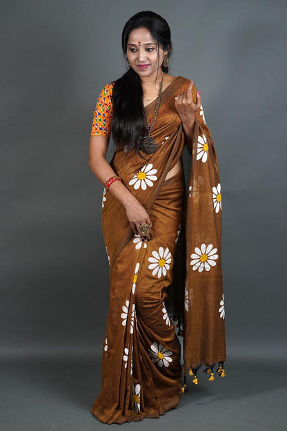 Pure Khadi Cotton Saree with Sunflower Print and Running Blouse Piece – Elegant Handloom Look-brown