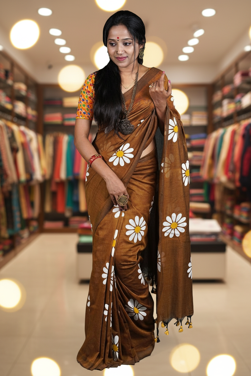 Khadi Cotton Saree – Sunflower Print