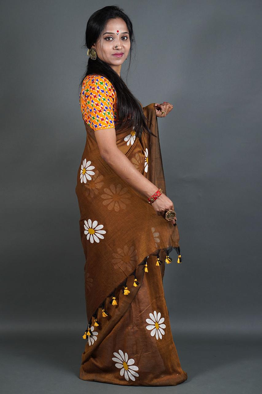 Pure Khadi Cotton Saree with Sunflower Print and Running Blouse Piece – Elegant Handloom Look-brownn