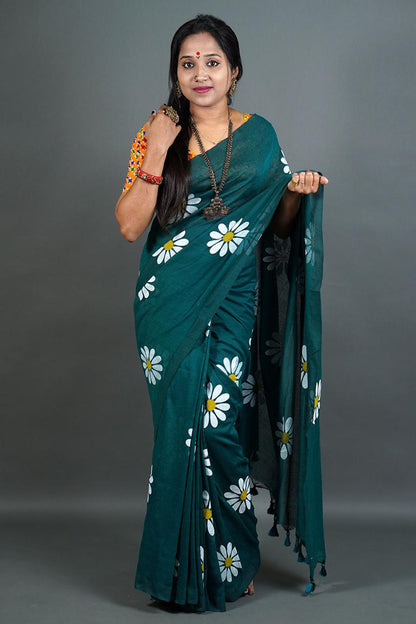 Pure Khadi Cotton Saree with Sunflower Print and Running Blouse Piece – Elegant Handloom Look-green-r