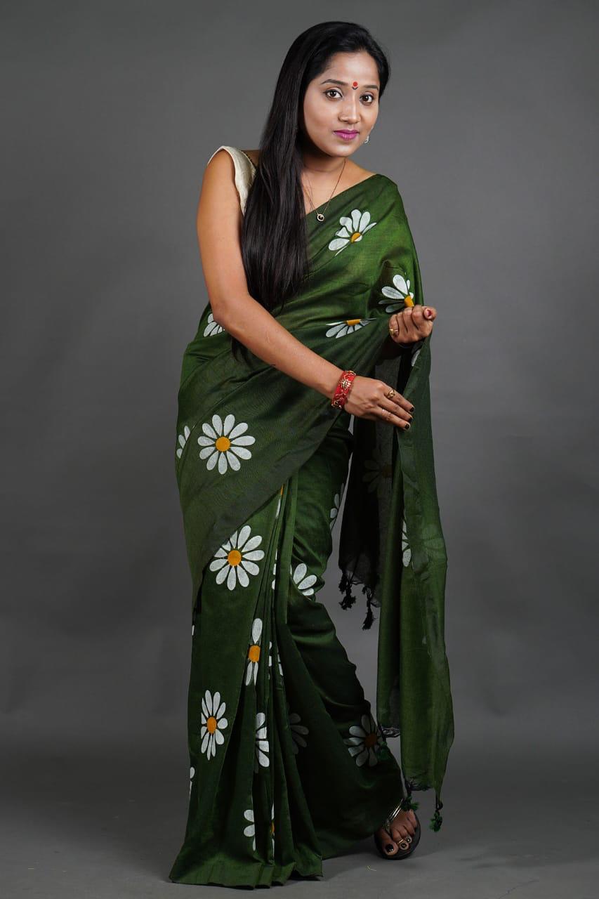 Pure Khadi Cotton Saree with Sunflower Print and Running Blouse Piece – Elegant Handloom Look-green