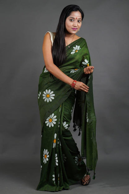 Pure Khadi Cotton Saree with Sunflower Print and Running Blouse Piece – Elegant Handloom Look-green